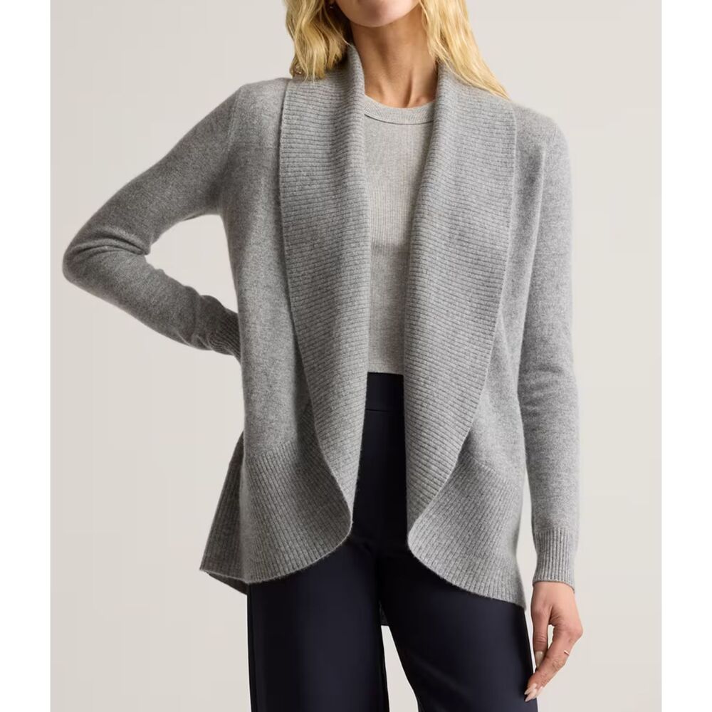 Quince Mongolian Cashmere Light Heather Gray Open-Front Shawl Collar Cardigan M